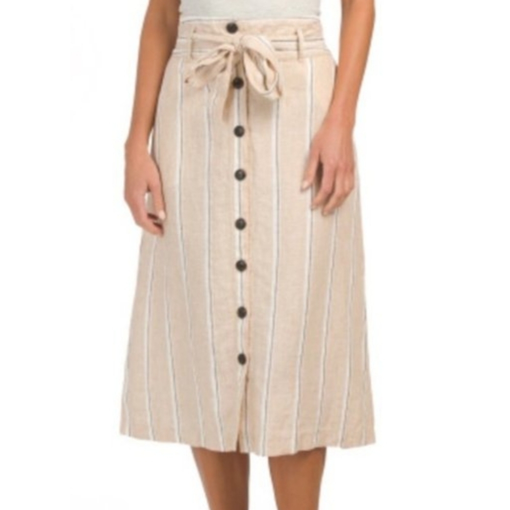 Rachel Zoe Natural Striped Linen Midi Skirt